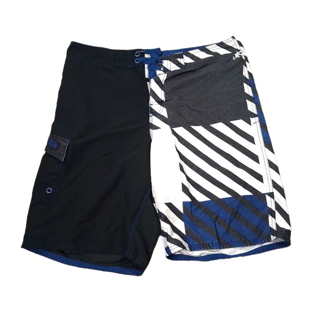 Sz 34 Ironman Triathlon Board Shorts Black Blue White Striped Swim Mens Adult